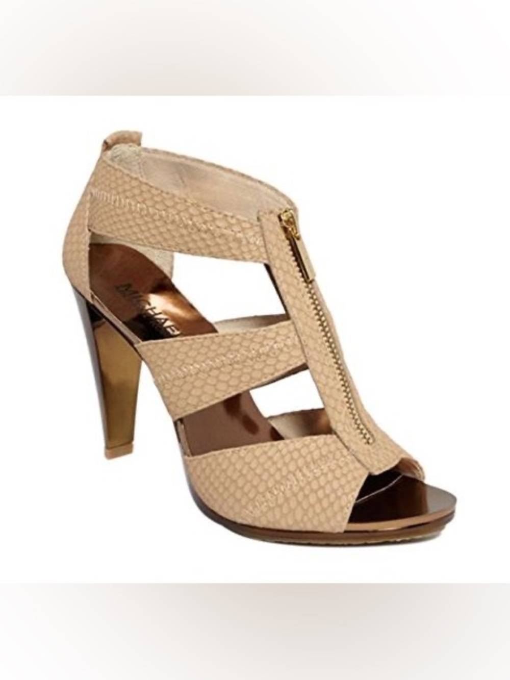 Michael Michael Kors Beige Textured Zip-Front High Heel Sandal